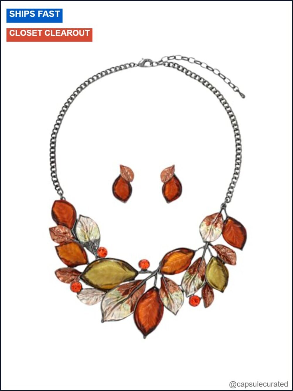 Vintage Chunky Leaf Floral Bib Necklace Earring Set Crystal Rhinestone Costume